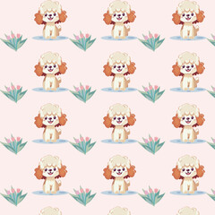   cute puppy with pink tulips seamless pattern,set of cartoon animal with flowers on pale background