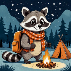 Whimsical watercolor-style illustration of a curious raccoon roasting marshmallows over a campfire