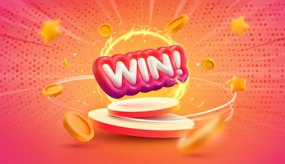 Win Word With Glowing Effects on Podium, Surrounded by Flying Golden Coins and Stars. Betting Winner Success, Victory, Achievement. Bright Celebratory Vector Illustration. 