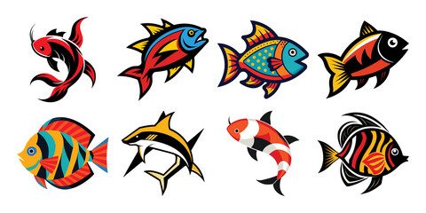 fish bundle design art with black silhouette line  and patterns on transparent background