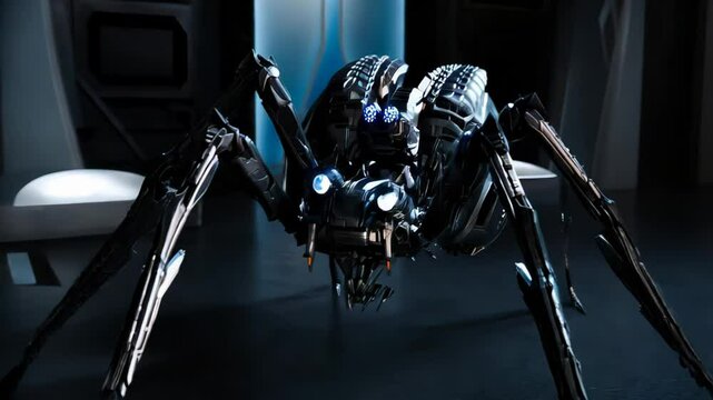 High-tech robotic spider with glowing blue lights in a dark futuristic laboratory

