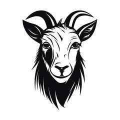 A bold and detailed silhouette of a goat head, featuring distinctive horns and strong facial features. Ideal for logos, tattoos, farm branding, wildlife illustrations, and rustic designs.