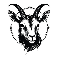 A bold and detailed silhouette of a goat head, featuring distinctive horns and strong facial features. Ideal for logos, tattoos, farm branding, wildlife illustrations, and rustic designs.