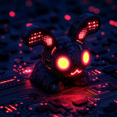 Cyberpunk Easter art with glowing tech bunny. Neon pet on circuit board