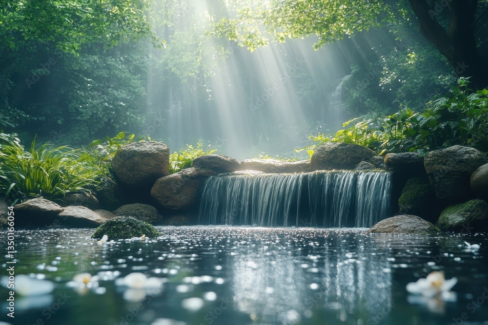 Poster tranquil forest waterfall with sunlight filtering through trees in a serene natural setting