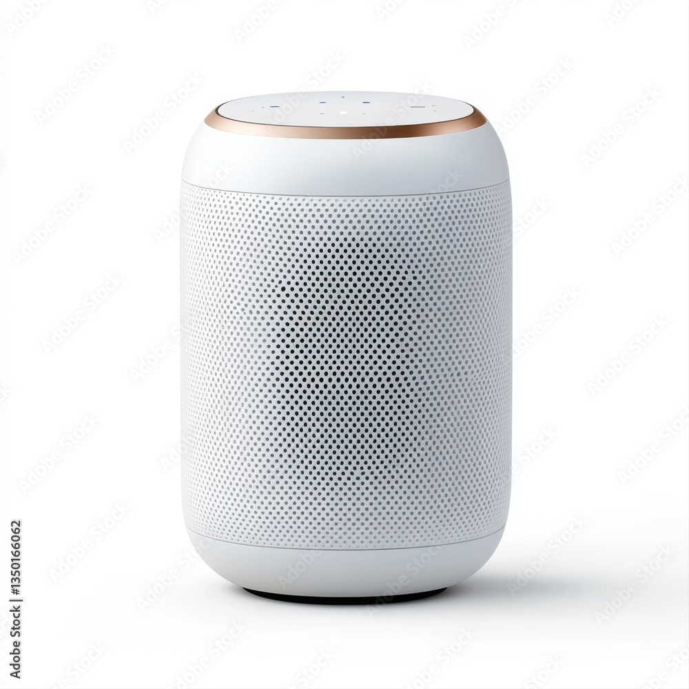 Poster modern wireless speaker with sleek design and perforated texture ideal for audio enjoyment in contem