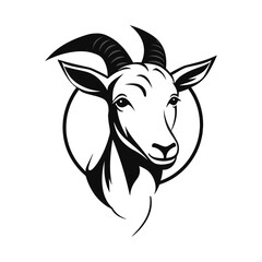 A bold and detailed silhouette of a goat head, featuring distinctive horns and strong facial features. Ideal for logos, tattoos, farm branding, wildlife illustrations, and rustic designs.