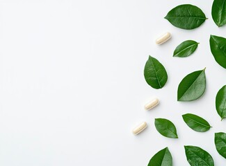 Herbal Supplement Capsules with Green Leaves on White Background Flat Lay