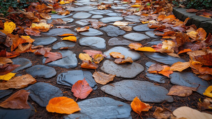 Patterned stone floor in a forest pathway scattered with leaves evokes the serenity of natural woodland paths