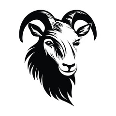 A bold and detailed silhouette of a goat head, featuring distinctive horns and strong facial features. Ideal for logos, tattoos, farm branding, wildlife illustrations, and rustic designs.