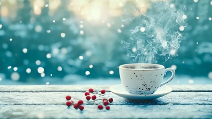 Fototapeta premium a cup of hot coffee on a wooden surface in the winter snow.