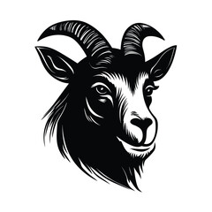 A bold and detailed silhouette of a goat head, featuring distinctive horns and strong facial features. Ideal for logos, tattoos, farm branding, wildlife illustrations, and rustic designs.