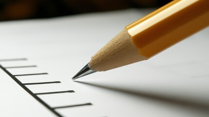 Close-up of a sharpened pencil poised above a lined paper, showcasing fine details and textures