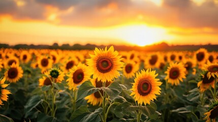 Fototapeta premium A beautiful field of sunflowers at a sunset landscape