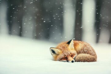 Obraz premium Cozy red fox curled up in a snowy forest, embracing the winter chill and tranquility of a peaceful landscape Generative AI