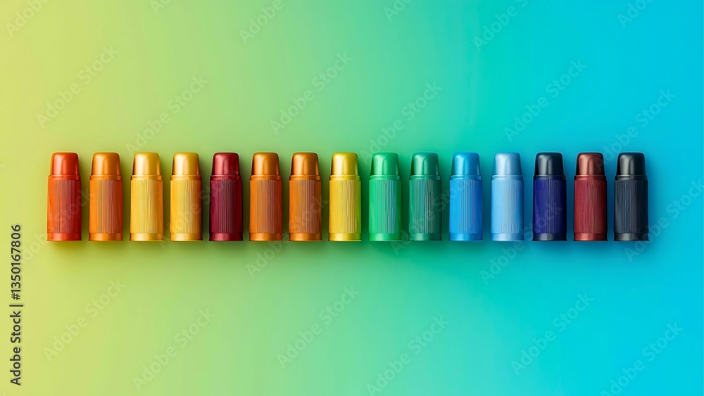 Poster an overhead view of array of colorful small cylindrical objects.