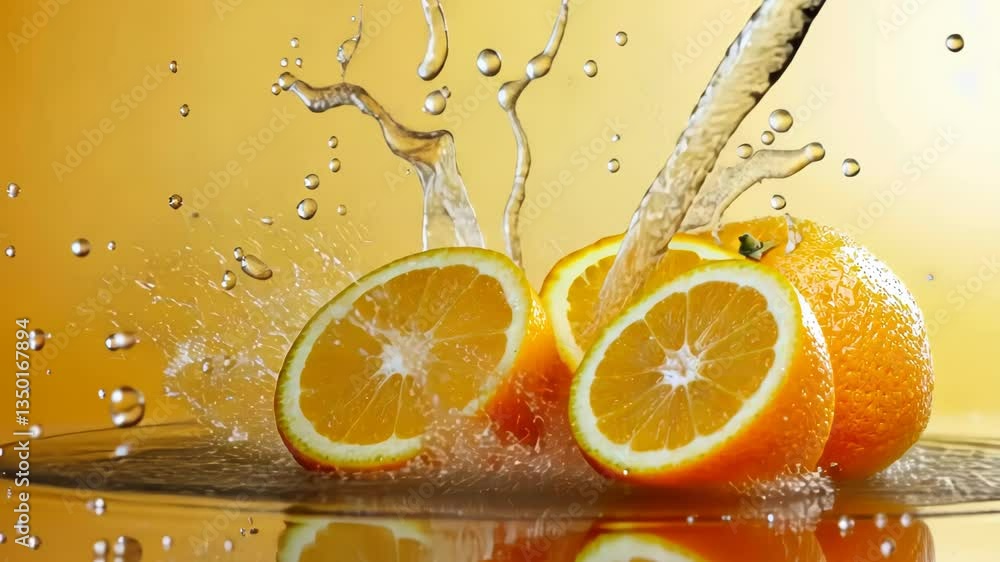 Poster fresh oranges splash in water against a vibrant yellow background and create a refreshing scene