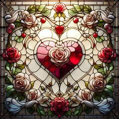 
Abstract Stained Glass Heart with Floral Design roses and heart