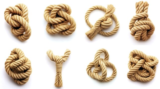 Diverse Nautical Knots Isolated on White.