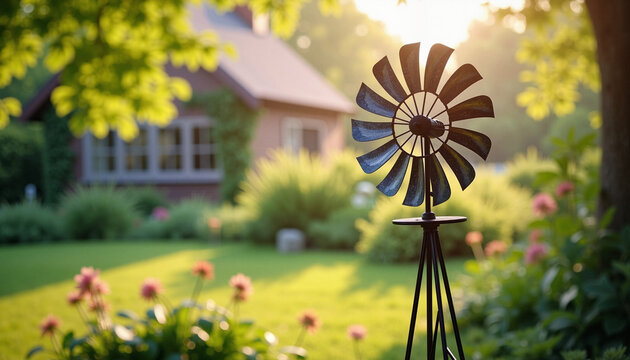 Vintage windmill spinning in garden at sunrise, serene decor