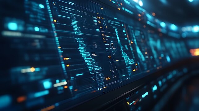 Futuristic digital interface displaying data streams and graphs.