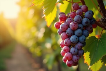 Fototapeta premium Close-up of ripe purple and red grapes on the vine in a sunlit vineyard, with lush green leaves and warm golden light, symbolizing harvest, agriculture, and winemaking