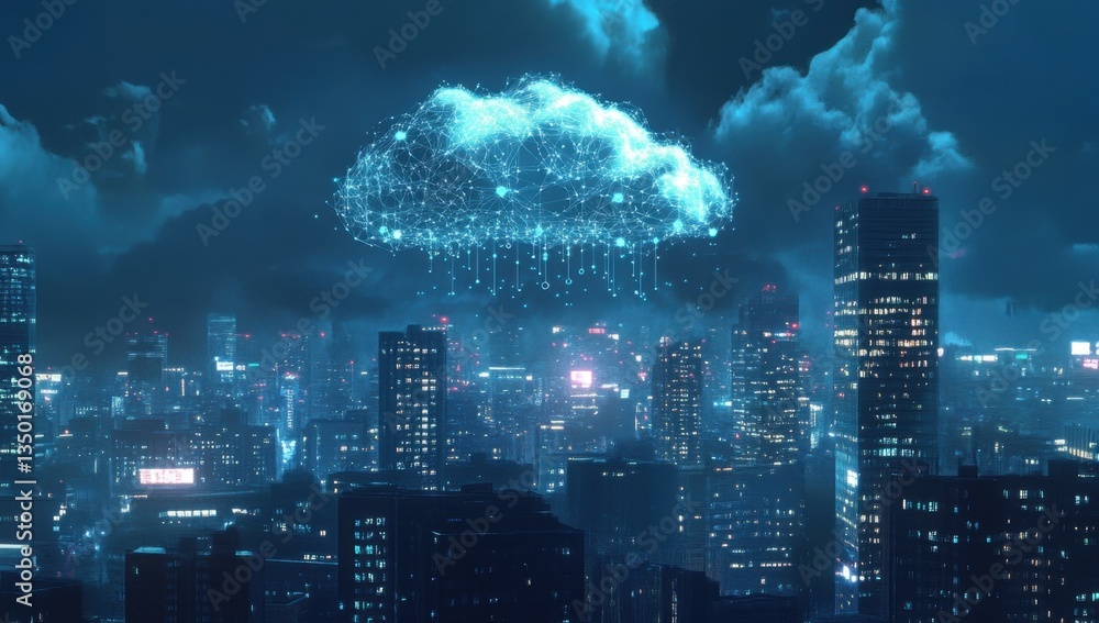 Poster a cloud symbolizing data flowing from one building to another, above the city skyline at night, with