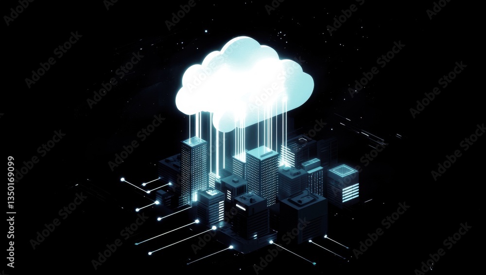 Poster a cloud icon with data flowing out of it, connecting to multiple buildings in the city at night the 