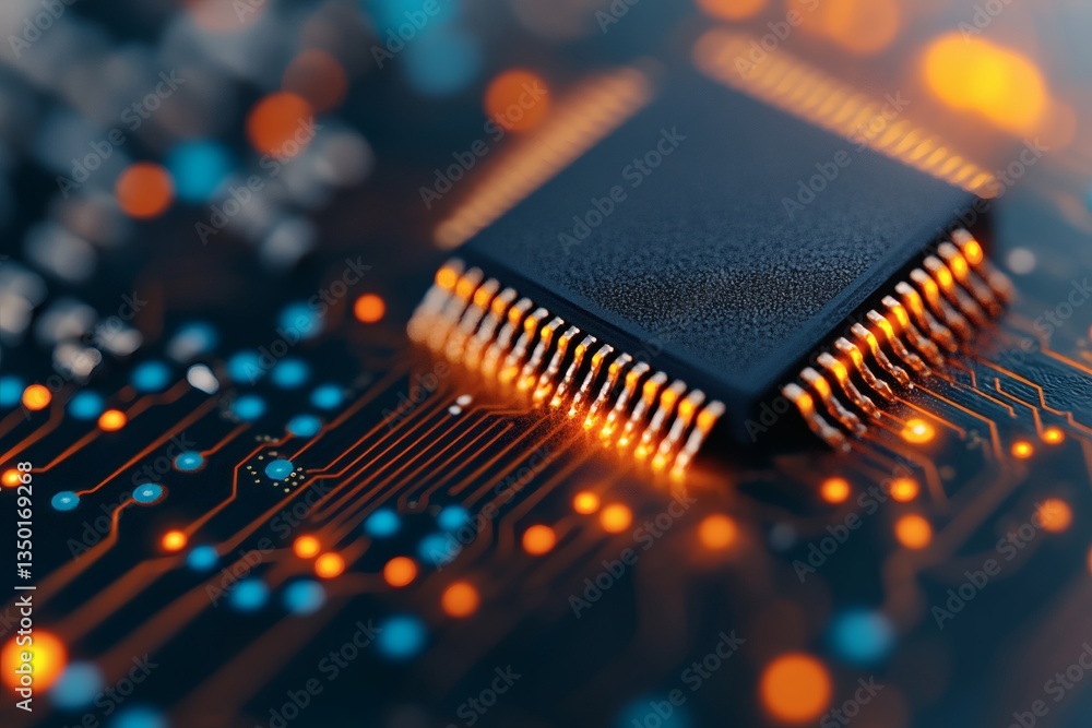 Poster intricate patterns of a circuit board illuminated by glowing lights in a close-up view of modern tec