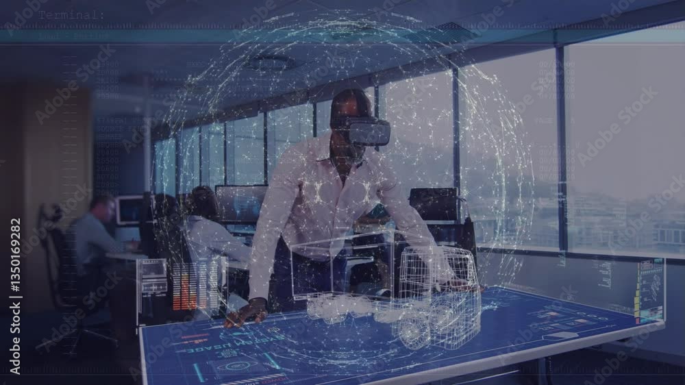 Poster in office, person using virtual reality headset interacting with animation interface