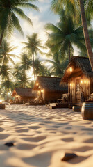 Beautiful tropical beach with thatched huts and palm trees under a golden sunset sky