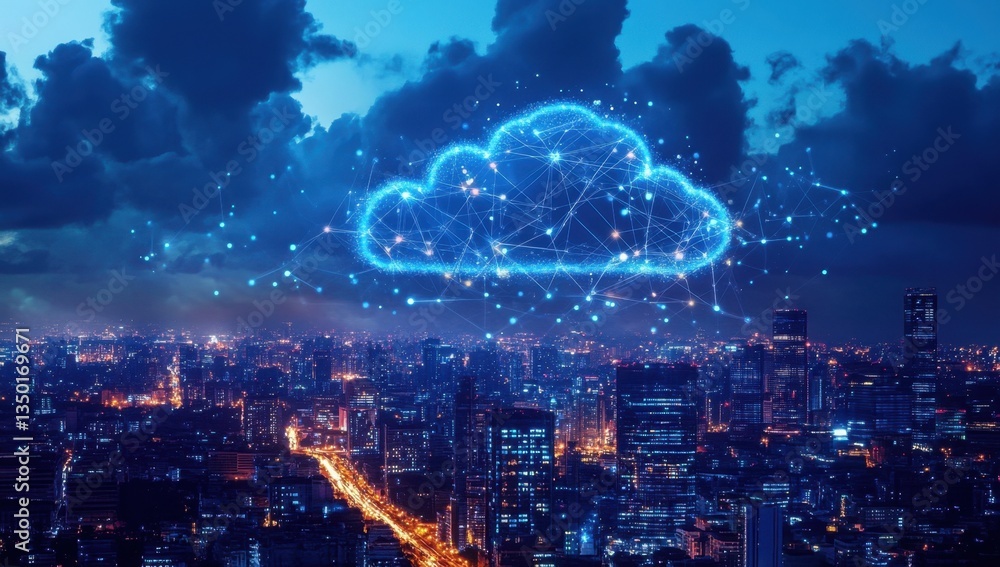 Poster a cloud with glowing data connections over the city at night, symbolizing big data's digital transfo