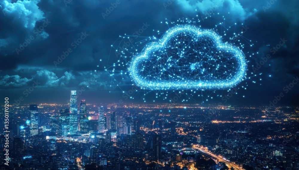 Poster a cloud symbolizing data storage with glowing connections to various cities at night representing th