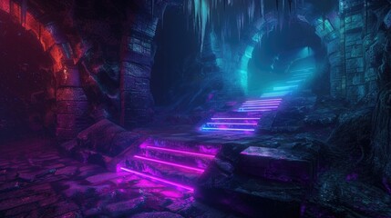 A mysterious underground lair with vibrant neon steps descending into darkness