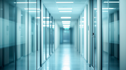 Fototapeta premium A clean, modern office hallway with glass walls reflects light from overhead fixtures, creating a bright, professional atmosphere.