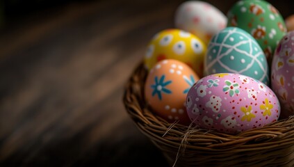 Fototapeta premium Colorful easter eggs in woven basket on wooden table with floral decorations perfect for spring holiday celebration