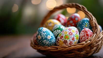 Colorful easter eggs in woven basket on wooden table with floral decorations perfect for spring holiday celebration