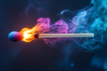 A burning matchstick erupts in a breathtaking display of fire and energy, with vibrant hues of blue, purple, and orange swirling in a mesmerizing dance.