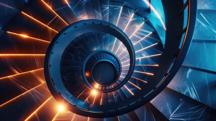 A spiral staircase with neon lights embedded into each step, creating a glowing effect
