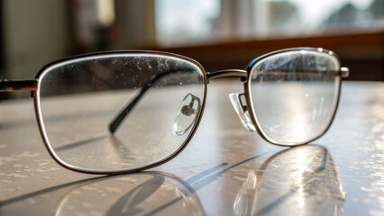Freshly cleaned eyeglasses with reflections on table, showcasing clarity and detail in lenses