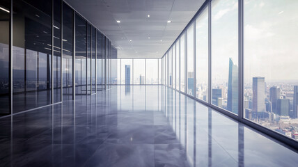 Sleek, spacious office space with expansive windows offering panoramic city views, reflecting light on polished floors.