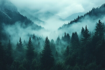Misty forest landscape with towering trees at dawn
