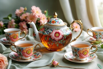 A delicate floral tea party unfolds, featuring a charming teapot and teacups adorned with vibrant blossoms, bathed in soft, warm light.