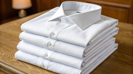Neatly folded clean white shirts stacked on wooden table, showcasing their crisp appearance and attention to detail