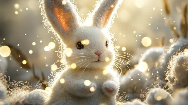 Cute little bunny in the clouds wallpaper. Blurry hare with toy on a background. A glare of light from the clouds on the floor. A charming bunny design on lifestyle a cloudy wallpaper.