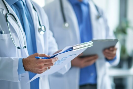 Doctors discussing patient records in a medical office during a morning consultation