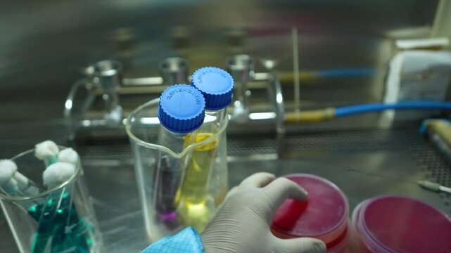 microbiologist in a laboratory working with petri dish in the microbiology laboratory, microbiologist scientist, while at his workplace in a research laboratory study a flask beaker in a cleanroom	

