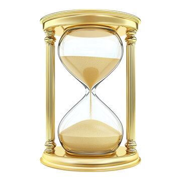 Golden hourglass with sand falling symbolizing time passing and deadlines approaching isolated on png transparent background
