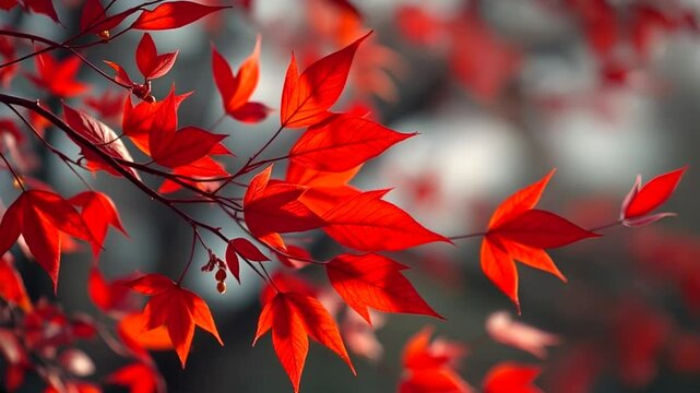 Bright red fall leaves, gently swaying in the gentle breeze. 