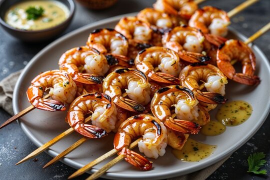 Succulent grilled shrimp skewers glistening with a zesty sauce, a delightful summer feast presented on a rustic plate with warm lighting.